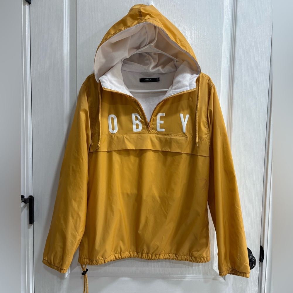OBEY Anorak Hooded Windbreaker Pullover, Mustard Yellow, Zipper Pocket, Medium